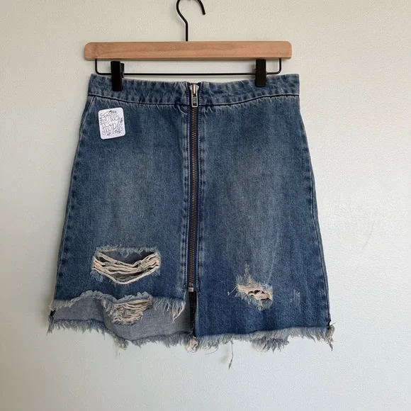 Free People x One Teaspoon Vixen High Waist Distressed A Line Oxford Denim Skirt - Picture 5 of 12